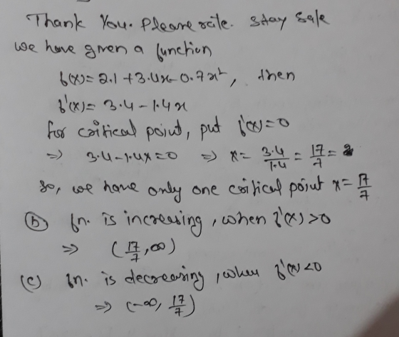 Thank you. Please seile. Stay Sale We have gren a function 6x= 2.148.46 0.7212 then f(x)= 3.4-140 for cortical point, put lo