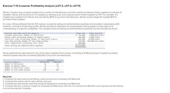 Exercise 7-10 Customer Profitability Analysis (LO7-3, LO7-4, LO7-5] Worley Company buys surgical supplies from a variety of m