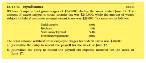 EX 11-13 Payroll entries Widmer Company had gross wages of $240,000 during the weck ended June 17. The amount of wages subject to social security tax was $240,000, while the amount of wages subject to federal and state unemployment taxes was $35,000. Tax rates are as follows OBJ.3 Social security Medicate State unemployment Federal unemployment 60% 15% 08% The total amount withhekd from employee wages for federal taxes was $48,000. a. Journalize the entry to record the payroll for the week of June 17. b. Journalize the entry to record the payroll tax expense incurred for the week of June 17