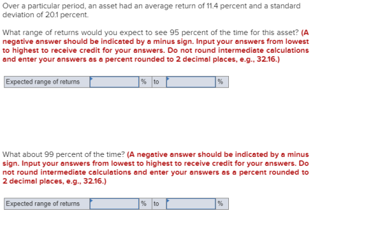 Over a particular period, an asset had an average return of 11.4 percent and a standard deviation of 20.1 percent. What range