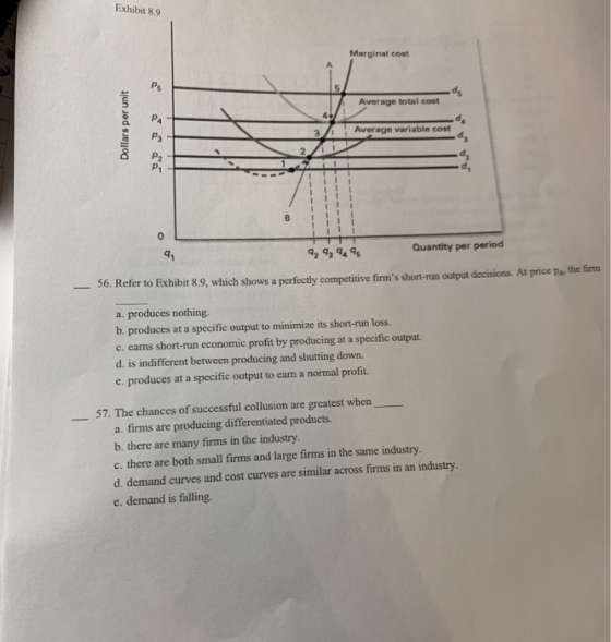 Exhibit 89 Marginal cost Average total cost Dollars per unit Average variable cost 92999 Quantity per period 56. Refer to Exh