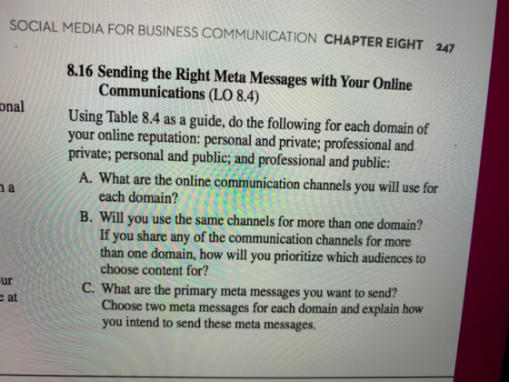 SOCIAL MEDIA FOR BUSINESS COMMUNICATION CHAPTER EIGHT 247 8.16 Sending the Right Meta Messages with Your Online Communications (LO 8.4) Using Table 8.4 as a guide, do the following for each domain of your online reputation: personal and private; professional and private; personal and public; and professional and public: onal A. What are the online communication channels you will use for each domain? B. Will you use the same channels for more than one domain? If you share any of the communication channels for more than one domain, how will you prioritize which audiences to choose content for? ur C. What are the primary meta messages you want to send? Choose two meta messages for each domain and explain how you intend to send these meta messages. e at