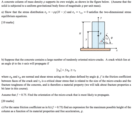 A concrete column of mass density p supports its own weight, as shown in the figure below. (Assume that the solid is subjecte