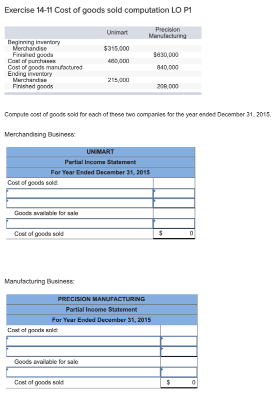 Exercise 14-11 Cost of goods sold computation LO P1 Unimart Precision Manufacturing $315,000 $630,000 Beginning inventory Mer