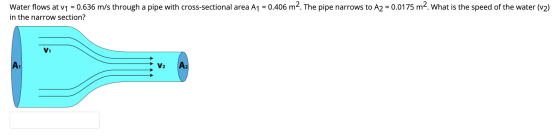 Water flows at v1 = 0.636 m/s through a pipe with cross-sectional area A1 = 0.406 m². The pipe narrows to A2 = 0.0175 m2. Wha