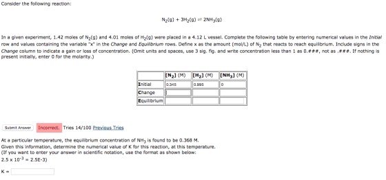 Consider the following reaction: N2(9) + 3H2(9) = 2NH3(9) In a given experiment, 1.42 moles of N (9) and 4.01 moles of H2(g)