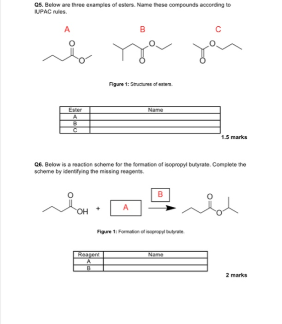 Q5. Below are three examples of esters. Name these compounds according to IUPAC rules. с no ya Figure 1: Structures of esters