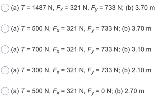 O (a) T = 1487 N, Fx = 321 N, Fy = 733 N; (b) 3.70 m O (a) T = 500 N, Fx = 321 N, Fy = 733 N; (b) 3.70 m (a) T = 700 N, Fx =
