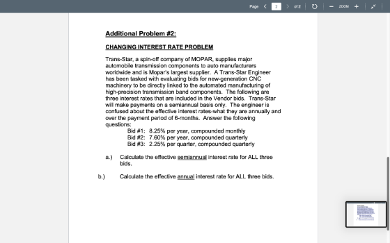 Page < 2 > of 2 0 - ZOOM + Additional Problem #2: CHANGING INTEREST RATE PROBLEM Trans-Star, a spin-off company of MOPAR, sup