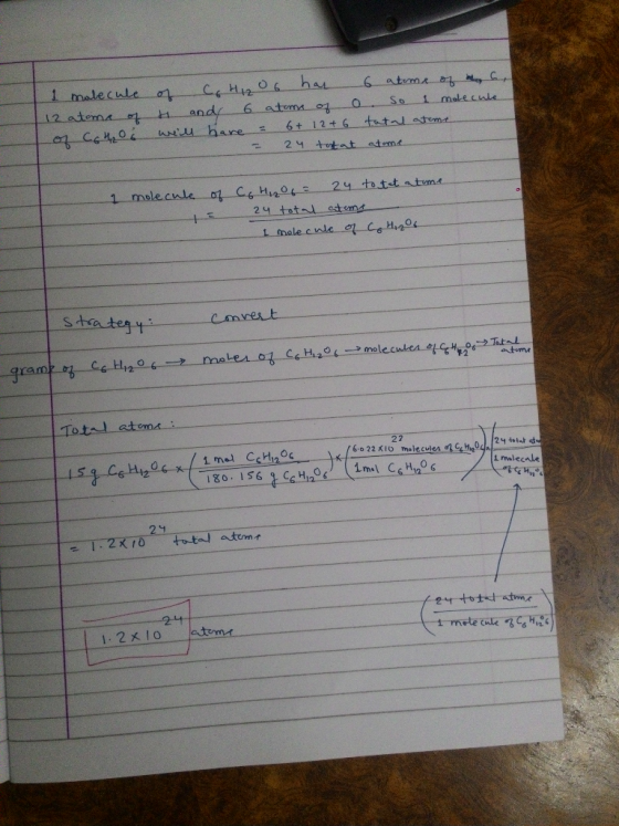 I molecule 12 atoma of of coho of C. H 1206 has 6 atime of why t and 6 atom of o So i molecule will have = 6 + 12+ 6 tatal at