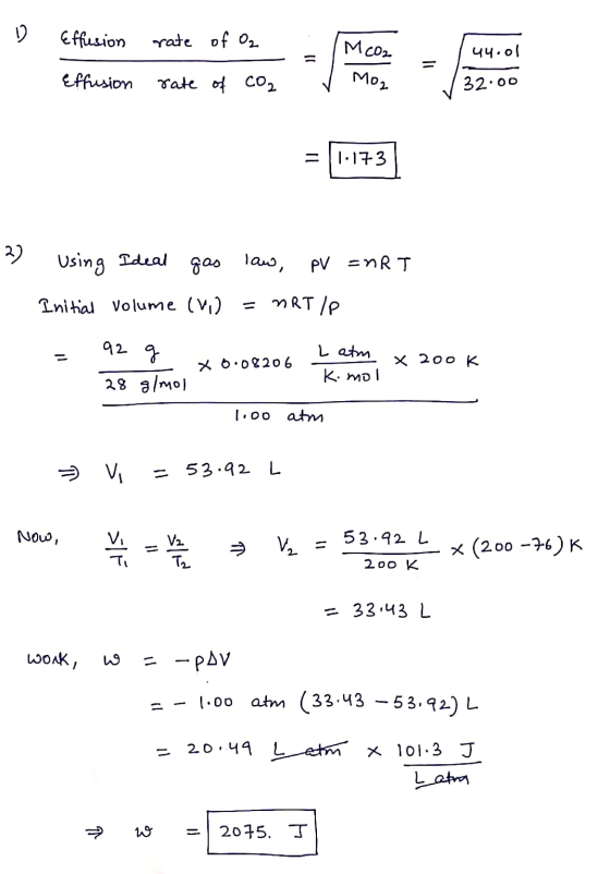 D Effusion rate of O₂ . M or 44.ol Effusion rate of CO2 v Mo, 32.00 = (1.173] 11:173 2) using Ideal gas law, pV = nRT Initial