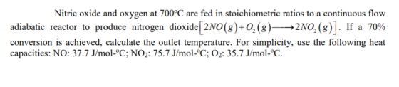 Nitric oxide and oxygen at 700°C are fed in stoichiometric ratios to a continuous flow adiabatic reactor to produce nitrogen
