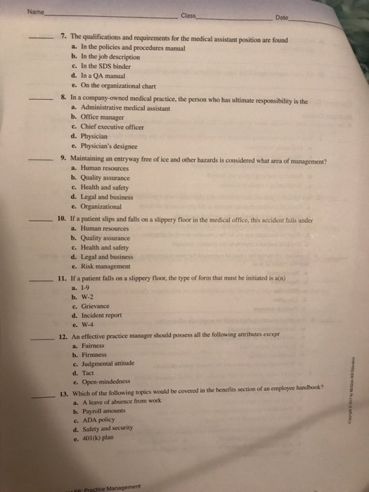 Name Class Date 7·The qualifications and requirements for the medical assistant position are found a. In the policies and pro