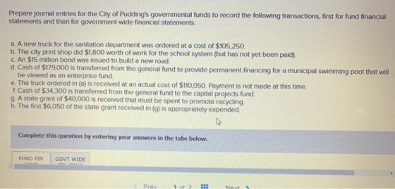 Prepare journal entries for the City of Puddings governmental funds to record the following transactions, first for fund fin