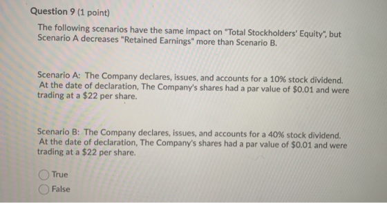 Question 9 (1 point) The following scenarios have the same impact on Total Stockholders Equity, but Scenario A decreases