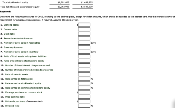 Total stockholders equity $1,701,625 $1,498,375 Total liabilities and stockholders equity $3,062,925 $2,522,530 Required: D
