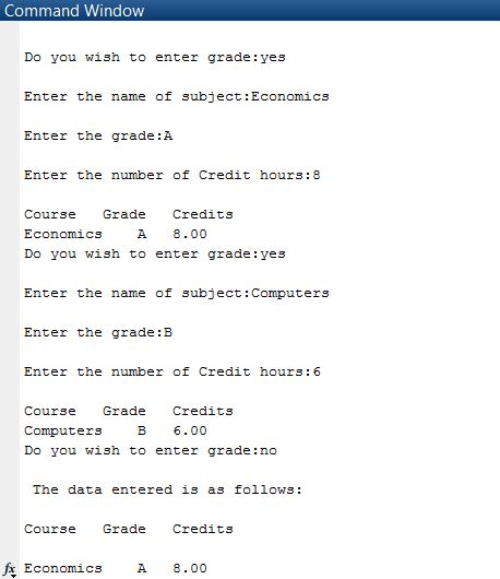 Command Window Do you wish to enter grade:yes Enter the name of subject Economics Enter the grade:A Enter the number of Credi