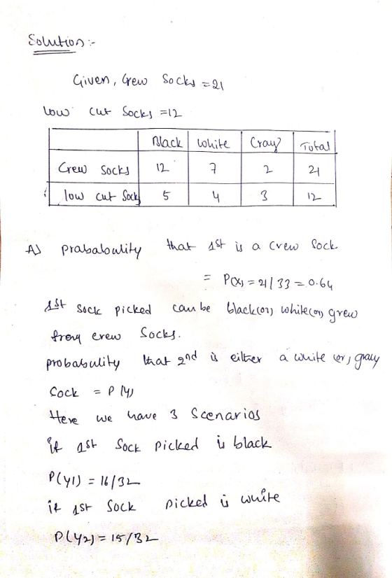 Civen, Grew Sockj -2 Total 24 1) Cre Sock2 2. AJ Prabalowlity Soclc picked Co be fron eren, Soc probaoulity ve we have 3 Scenarios kaSoct Piclead u black