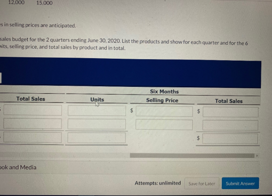 12,000 15,000 sin selling prices are anticipated, sales budget for the 2 quarters ending June 30, 2020. List the products and