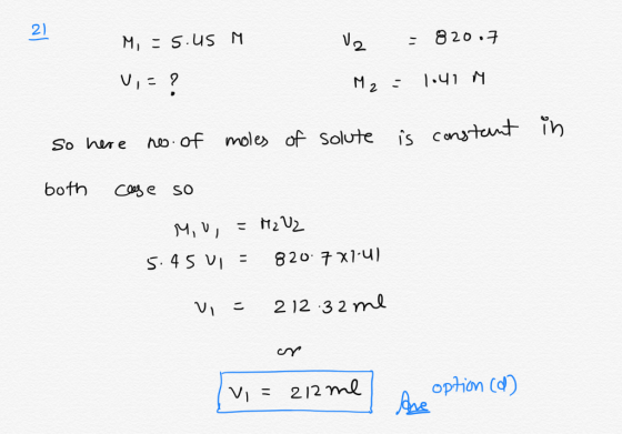 M, - 5.us M V,=? U2 = 82007 M2 = 1041 M So here no. of moles of solute is constant in both case so MU, = M2 Uz 5.45 VI = 820.
