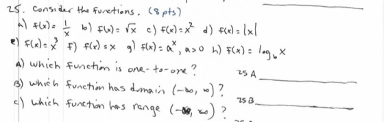 25. Consider the functions. (8 pts) a) f(x) = I b) f(x)= x c) f(x) = x² d) f(x) = (xl e) F(x)=x F) f(x) = x g) f(x) = a*, a>0
