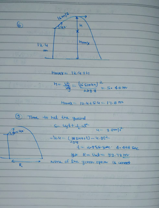 Joms imax Hmax = 12.4tH - Ha Vy = 16 Sino) 249.8 5. com max= 12.4+5.4= 17.8 m. & Time 0 40. to hit the ground Sytt tat arg.sm