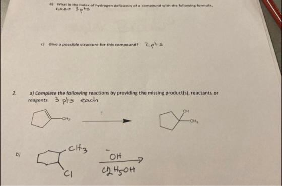 b) What is the Index of hydrogen deficiency of a compound with the following formula, CH.Br 3pts 2pts c) Give a possible stru