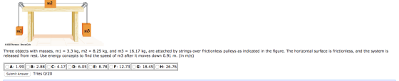 2303 Thomson Brool/Cole Three objects with masses, m1 = 3.3 kg, m2 = 8.25 kg, and m3 = 16.17 kg, are attached by strings over