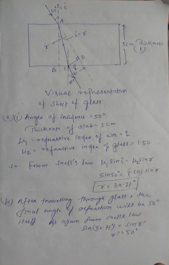 Isoli SA scm Thicknese rathering C 18 Visual representation of sheet of glass (a) Angre of maidence = 500 so Thickness of sla