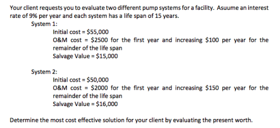 Your client requests you to evaluate two different pump systems for a facility. Asuume an interest rate of 9% per year and ea