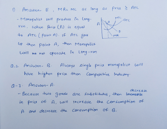 11 as price & Arc NA ATC Answer E, MR=mc as long - Monopolist will produce in long- run, when Price (Pi) is equal to ATC (Poi