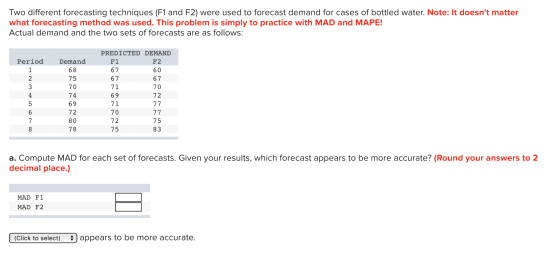 Two different forecasting techniques (F1 and F2) were used to forecast demand for cases of bottled water. Note: It doesnt ma