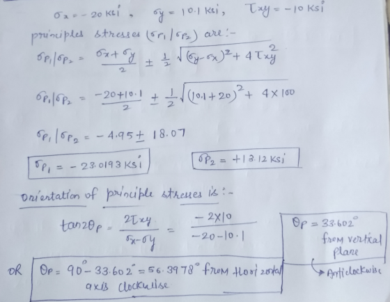 oy = 10.1 ksi, Ja=- 20 20 ksi, Tay=-10ksi principles stresses (sri lope) are: - op, lop, Extory 을 ſ by-ox)² + 4 Tx 2 + 6p, 10