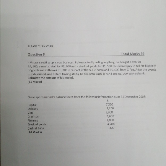 PLEASE TURN OVER Question 5 Total Marks 20 J Massa is setting up a new business. Before actually selling anything, he bought