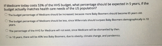 If Medicare today costs 53% of the HHS budget, what percentage should be expected in 5 years, if the budget actually matches