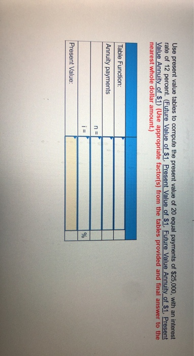 Use present value tables to compute the present value of 20 equal payments of $25,000, with an interest rate of 12 percent. (