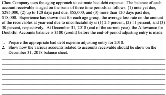 Chou Company uses the aging approach to estimate bad debt expense. The balance of each account receivable is aged on the basi