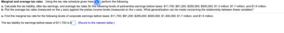 Marginal and average tax rates Using the tax rate schedule given here perform the following: a. Calculate the tax liability,