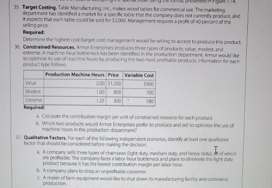 - ry u l UUC using the presellegue 1.1. 35. Target Costing. Table Manufacturing, Inc., makes wood tables for commercial use.