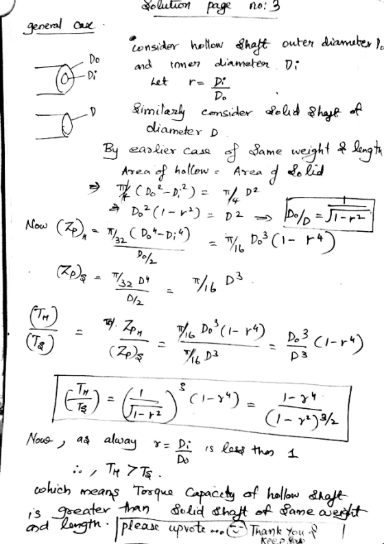 Solution page no: 3 general cax Do Di tone7 0 @ consider hollow Shaft outer diameter la and diameter Di re Di De Similarly co