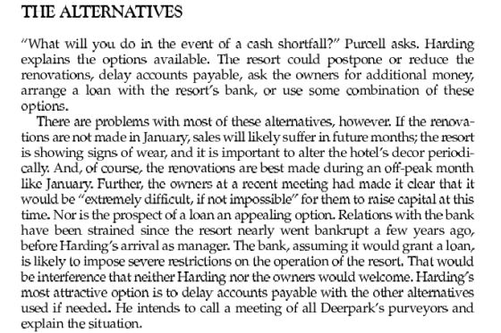 THIE ALTERNATIVES Wb. What will you do in the event of a cash shortfall? Purcell asks. Harding explains the options availab