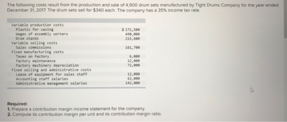 The following costs result from the production and sale of 4.900 drum sets manufactured by Tight Drums Company for the year e