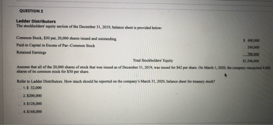QUESTION 2 Ladder Distributors The stockholders equity section of the December 31, 2019, balance sheet is provided below: Co