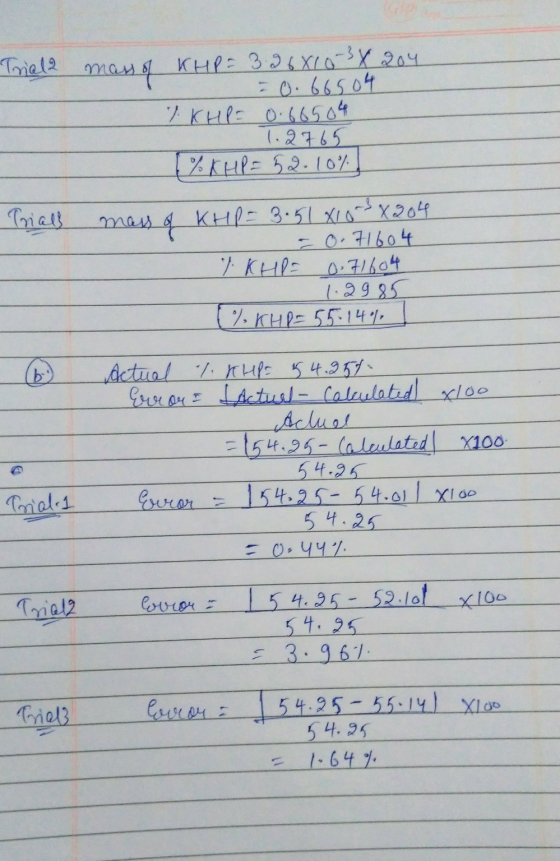 Trial 2 mass of KHP = 3.96X10 3 X 204 = 0.66504 IKHP= 0.66504 1.2765 % KHP = 52.10% Trials mass of KHP = 3.51 X103 x 204 - 0.