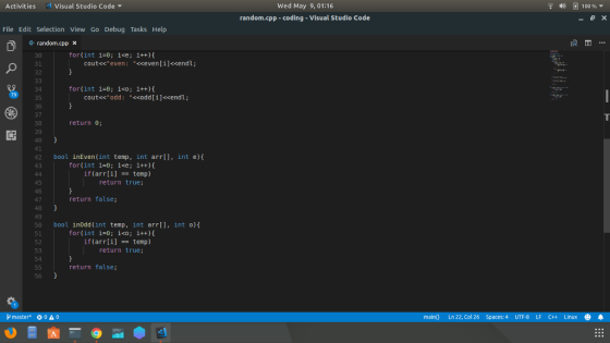 Wed May 9, 01:16 Activities Visual Studio Code random.cpp coding-Visual Studio Code File Edit Selection View Go Debug Tasks H