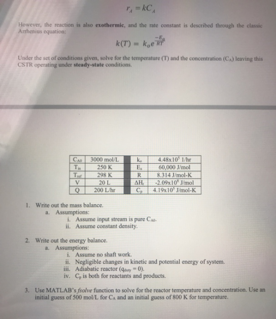 r =kC; However, the reaction is also exothermie, and the rate constant is described through the classic Arrhenius equation: k