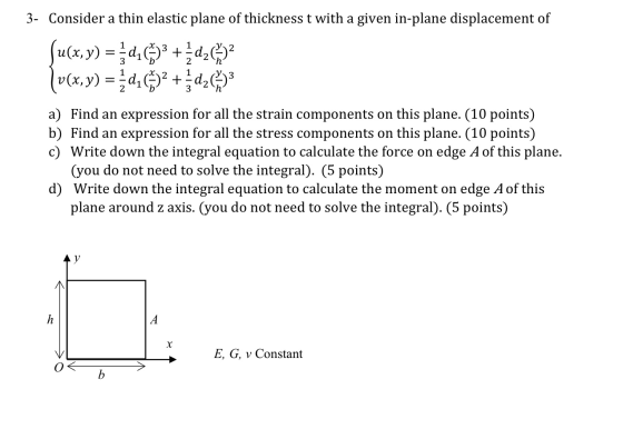 3- Consider a thin elastic plane of thickness t with a given in-plane displacement of ſu(x, y) = -4,6)3 + d2012 (u(x,y) = _d2