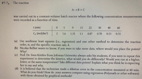 P7-7A The reaction AB+C was carried out in a constant-volume batch reactor where the following concentration measurements wer