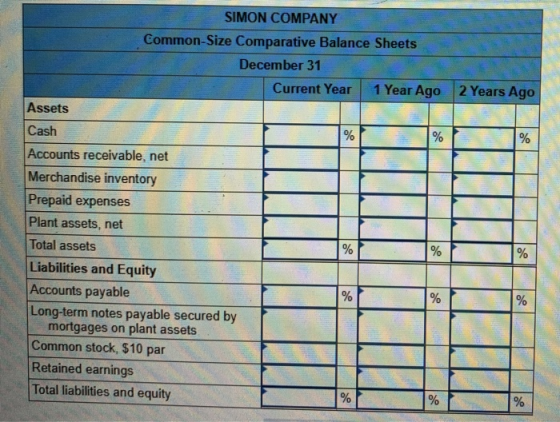 / LL / 2 Years Ago SIMON COMPANY Common-Size Comparative Balance Sheets December 31 Current Year 1 Year Ago Assets Cash % Acc