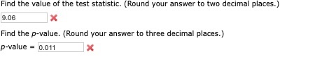 Find the value of the test statistic. (Round your answer to two decimal places.) 9,06 Find the p-value. (Round your answer to